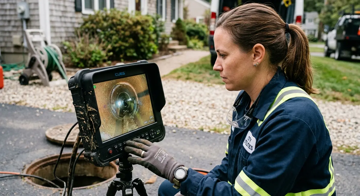 Technician reviewing sewer camera inspection footage in Brookside