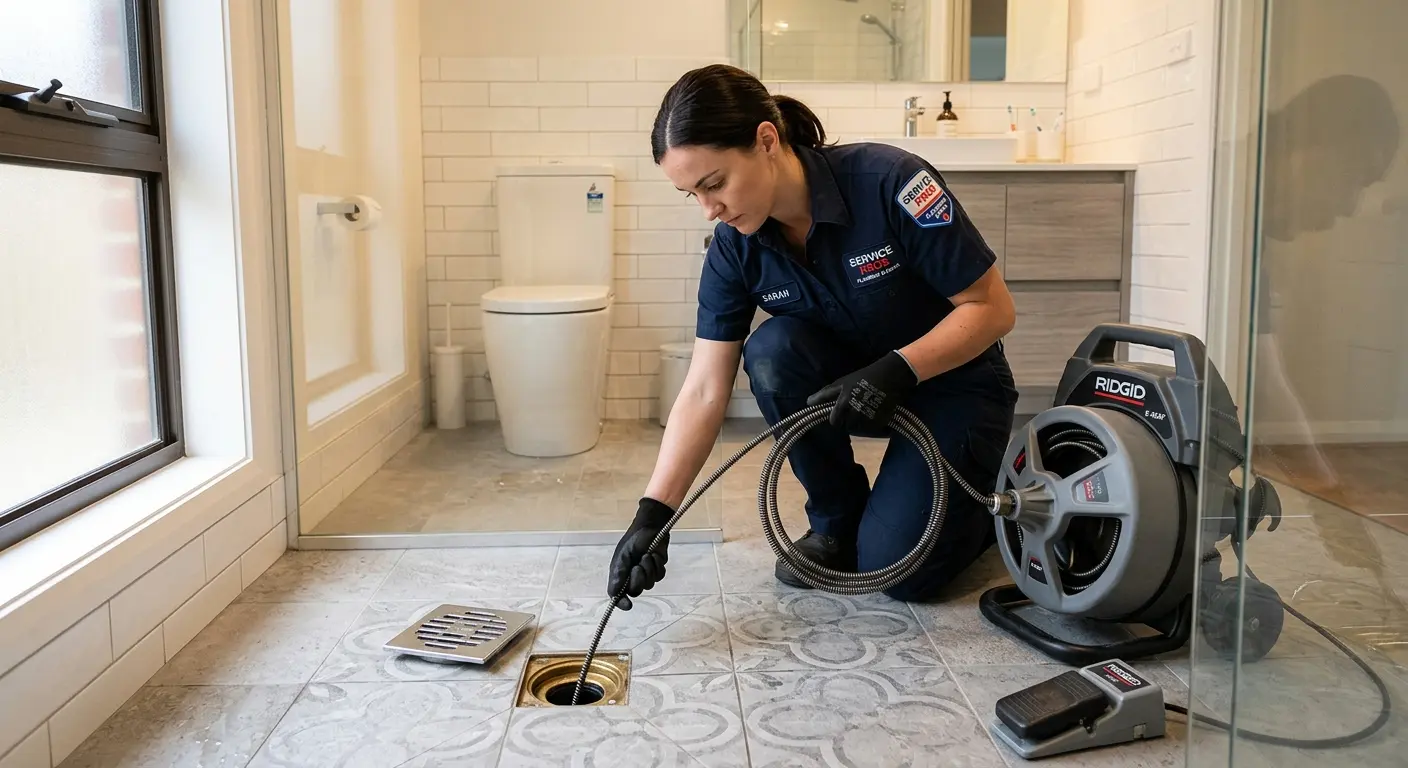 Technician clearing a bathroom floor drain for Sewer Line Replacement in Brookside
